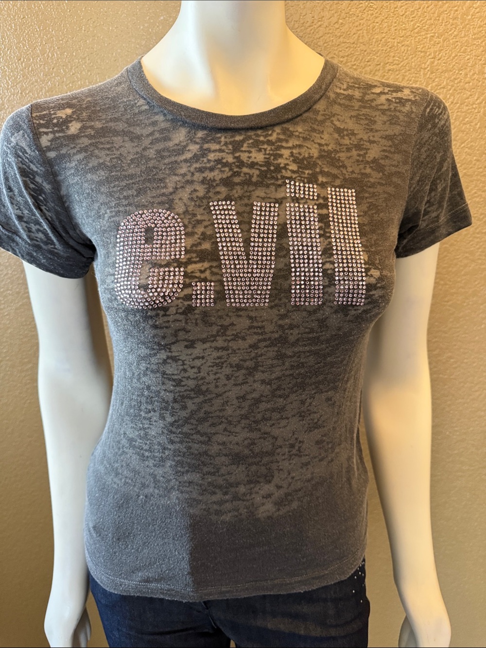 Women's Gray Short-Sleeve Rhinestone Logo Tee